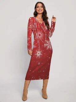 Women's Christmas Dress Sweater Dress Jumper Dress Midi Dress Warm Snowflake Outdoor Christmas Daily Holiday V Neck Long Sleeve 2023 Regular Fit Wine Blue Green S M L XL XXL 3XL