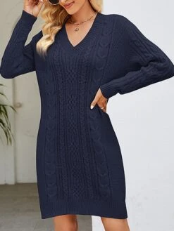 Women's Sweater Dress Winter Dress Jumper Dress Mini Dress Ruched Outdoor Street Daily Fashion Streetwear V Neck Long Sleeve 2023 Loose Fit Dark Green Purple Dark Blue Color S M L XL XXL Size -HANA Luxury Wear Shop ouxbwl1692081737531