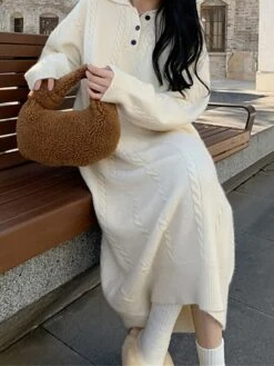 Women's Sweater Dress Jumper Dress Casual Dress Midi Dress Fashion Pure Color Outdoor Daily Vacation Going Out Lapel Long Sleeve Patchwork Button 2023 Regular Fit White Camel One Size -HANA Luxury Wear Shop ovlucx1695280917267