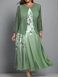 Women's Plus Size Two Piece Dress Set Casual Dress Swing Dress Outdoor Office Fashion Streetwear Print Midi Dress Crew Neck Long Sleeve Floral Ombre Regular Fit Blue Purple Green Fall Winter L XL XXL -HANA Luxury Wear Shop ovpwzw1697444369797