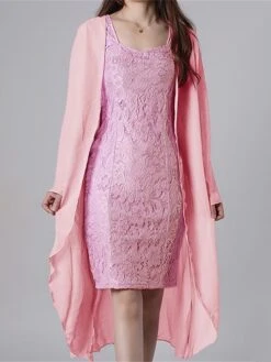 Women's Two Piece Dress Set Casual Dress Lace Dress Outdoor Daily Fashion Streetwear Lace Midi Dress V Neck Long Sleeve Plain Slim Yellow Pink Blue Fall Winter S M L XL XXL