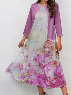Women's Two Piece Dress Set Casual Dress Swing Dress Outdoor Office Fashion Streetwear Print Midi Dress Crew Neck 3/4 Length Sleeve Floral Ombre Regular Fit Pink Blue Purple Fall Winter S M L XL XXL -HANA Luxury Wear Shop owfsqt1697681158237