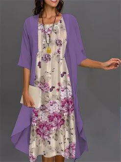 Women's Two Piece Dress Set Casual Dress Chiffon Dress Outdoor Daily Fashion Streetwear Print Midi Dress Crew Neck Half Sleeve Floral Ombre Regular Fit Pink Blue Purple Fall Winter S M L XL XXL -HANA Luxury Wear Shop oxdcwe1695194251496