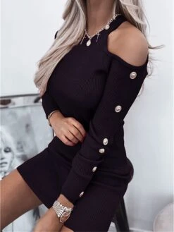 Women's Sweater Dress Jumper Dress Casual Dress Mini Dress Active Pure Color Outdoor Casual Holiday Vacation Crew Neck Long Sleeve Button 2023 Regular Fit Black Red Blue S M L XL XXL 3XL -HANA Luxury Wear Shop oxhyir1693535020864