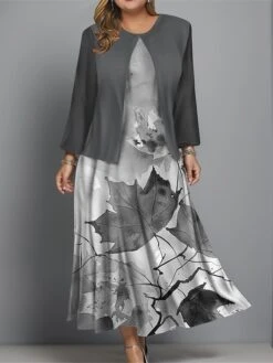 Women's Plus Size Two Piece Dress Set Casual Dress Swing Dress Outdoor Office Fashion Streetwear Print Midi Dress Crew Neck Long Sleeve Leaf Regular Fit Blue Brown Khaki Fall Winter L XL XXL 3XL 4XL -HANA Luxury Wear Shop oxmrqh1697681150040