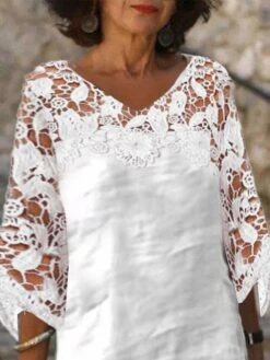 Women's Cotton Linen Dress Casual Dress Shift Dress Midi Dress Cotton Blend Fashion Modern Outdoor Daily Vacation V Neck Lace 3/4 Length Sleeve Summer Spring Fall 2023 Loose Fit White Plain S M L XL -HANA Luxury Wear Shop oxohiy1678949794044