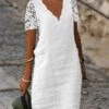 Women's Casual Dress Cotton Linen Dress Shift Dress Midi Dress Cotton Blend Modern Casual Outdoor Daily Vacation V Neck Lace Eyelet Short Sleeve Summer Spring 2023 Regular Fit White Plain S M L XL 2XL -HANA Luxury Wear Shop oxyyhq1678169175568