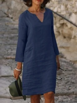 Women's Casual Dress Cotton Linen Dress Shift Dress Midi Dress Cotton Blend Modern Style Modern Outdoor Daily Date Split Neck Button Rolled Cuff 3/4 Length Sleeve Summer Spring Fall 2023 Regular Fit -HANA Luxury Wear Shop oyeceo1691461913053