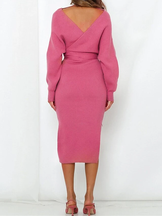 Women‘s Christmas Sweater Dress Jumper Dress Winter Dress Fashion Outdoor Christmas Street Daily V Neck Long Sleeve Lace Up Split 2023 Slim Black Red Fuchsia S M L XL 9 Women‘s Christmas Sweater Dress Jumper Dress Winter Dress Fashion Outdoor Christmas Street Daily V Neck Long Sleeve Lace Up Split 2023 Slim Black Red Fuchsia S M L XL - Image 7