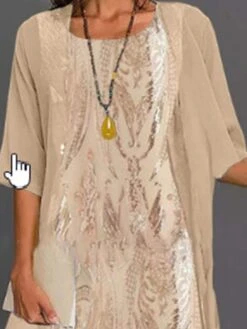 Women's Two Piece Dress Set Shift Dress Swing Dress Outdoor Date Fashion Elegant Print Maxi Dress Crew Neck 3/4 Length Sleeve Floral Loose Fit Khaki Fall Spring S M L XL XXL -HANA Luxury Wear Shop oyjmph1672827408340