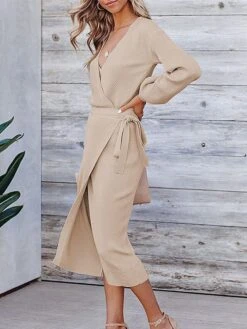 Women's Sweater Dress Jumper Dress Casual Dress Midi Dress Warm Pure Color Outdoor Casual Daily Going Out V Neck Long Sleeve Lace Up 2023 Slim Black White Green S M L XL XXL 3XL -HANA Luxury Wear Shop oymwlm1695030476582