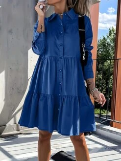 Women's Shirt Dress Casual Dress Swing Dress Midi Dress Outdoor Daily Vacation Cotton Basic Modern Shirt Collar Ruffle Button Long Sleeve Fall Winter 2023 Regular Fit ArmyGreen Black White Pure Color -HANA Luxury Wear Shop ozaskc1695813920190