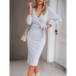 Women's Sweater Dress Winter Dress Jumper Dress Midi Dress Lace Up Daily Date Going Out Fashion Basic V Neck Long Sleeve 2023 Slim Green Dark Grey Beige Color S M L XL Size -HANA Luxury Wear Shop ozckfn1690801860648