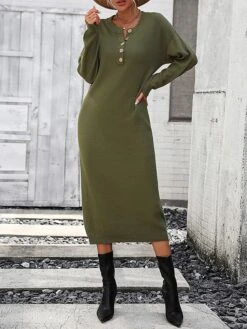 Women's Sweater Dress Winter Dress Jumper Dress Midi Dress Button Daily Date Going Out Fashion Basic Crew Neck Long Sleeve 2023 Loose Fit Black White Purple Color S M L XL Size -HANA Luxury Wear Shop oztazr1691991569617