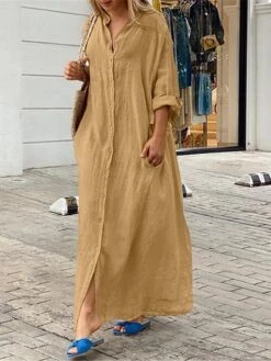 Women's Shirt Dress Casual Dress Cotton Linen Dress Maxi Long Dress Linen / Cotton Blend Basic Classic Outdoor Daily Vacation Shirt Collar Button Pocket 3/4 Length Sleeve Summer Spring Fall 2023 -HANA Luxury Wear Shop padfxa1692084276380