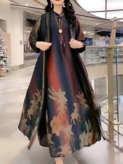 Women's Two Piece Dress Set Casual Dress Swing Dress Daily Holiday Fashion Casual Print Long Dress Maxi Dress Crew Neck 3/4 Length Sleeve Leaf Floral Loose Fit Yellow Red Dark Green Summer Spring M L -HANA Luxury Wear Shop pazlkx1691463808349