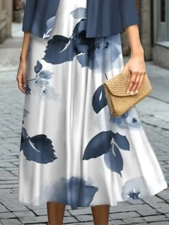 Women's Two Piece Dress Set Casual Dress Swing Dress Outdoor Office Fashion Streetwear Print Midi Dress Crew Neck 3/4 Length Sleeve Leaf Floral Regular Fit Blue Fall Winter S M L XL XXL -HANA Luxury Wear Shop pbbiux1697187279503