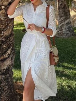 Women's Shirt Dress Casual Dress Midi Dress Outdoor Daily Vacation Cotton Fashion Modern Shirt Collar Lace Up Button Long Sleeve Fall Winter 2023 Regular Fit White Pure Color XS S M L