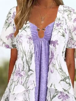 Women's Two Piece Dress Set Casual Dress Tiered Dress Daily Holiday Fashion Modern Pocket Print Midi Dress V Neck Short Sleeve Floral Regular Fit Purple Summer Spring S M L XL XXL -HANA Luxury Wear Shop pcfelp1684832998613