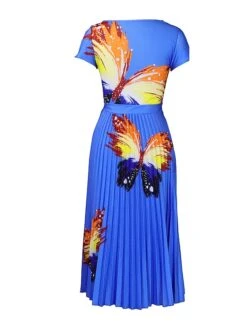 Women's Two Piece Dress Set Casual Dress Skirt Set Outdoor Vacation Streetwear Casual Pleated Print Midi Dress Crew Neck Short Sleeve Butterfly Slim Blue Summer Spring S M L XL XXL -HANA Luxury Wear Shop pctgmf1685013587400