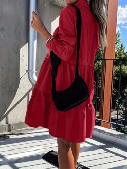 Women's Shirt Dress Casual Dress Swing Dress Midi Dress Outdoor Daily Vacation Cotton Basic Modern Shirt Collar Ruffle Button Long Sleeve Fall Winter 2023 Regular Fit ArmyGreen Black White Pure Color -HANA Luxury Wear Shop pedfoi1695813921747