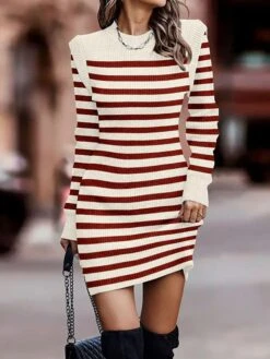 Women's Sweater Dress Winter Dress Jumper Dress Mini Dress Fashion Stripe Outdoor Daily Date Going Out Crew Neck Long Sleeve Print 2023 Regular Fit Black Brown S M L XL XXL 3XL -HANA Luxury Wear Shop peepse1695025731385