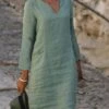 Women's Casual Dress Cotton Linen Dress Shift Dress Midi Dress Cotton Blend Modern Style Modern Outdoor Daily Date Split Neck Button Rolled Cuff 3/4 Length Sleeve Summer Spring Fall 2023 Regular Fit -HANA Luxury Wear Shop peybwx1686196905482