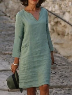 Women's Casual Dress Cotton Linen Dress Shift Dress Midi Dress Cotton Blend Modern Style Modern Outdoor Daily Date Split Neck Button Rolled Cuff 3/4 Length Sleeve Summer Spring Fall 2023 Regular Fit