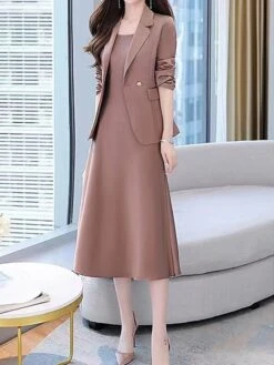 Women's Two Piece Dress Set Work Dress Skirt Set Formal Office Streetwear Elegant Button Pocket Midi Dress Shirt Collar Long Sleeve Plain Regular Fit Black Purple Beige Fall Winter M L XL XXL 3XL -HANA Luxury Wear Shop pfpwxy1694498843143