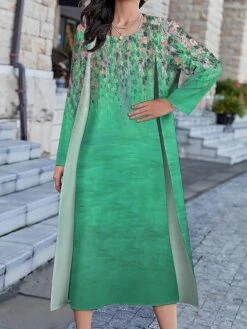 Women's Dress Set Two Piece Dress Long Dress Maxi Dress Blue Green Long Sleeve Color Block Print Summer Spring Crew Neck Vacation Winter Dress Fall Dress Loose Fit 2023 S M L XL XXL 3XL 4XL 5XL -HANA Luxury Wear Shop pgdzhi1663758526218