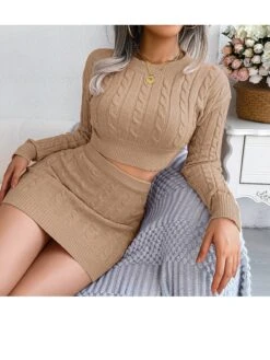 Women's Two Piece Dress Set Casual Dress Sweater Dress Daily Holiday Fashion Streetwear Ribbed Mini Dress Crew Neck Long Sleeve Plain Slim White Pink Khaki Fall Winter S M L -HANA Luxury Wear Shop pgkbut1695030772410