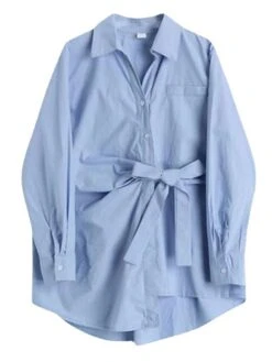 Women's Shirt Dress Casual Dress Mini Dress Outdoor Daily Vacation Polyester Fashion Modern Shirt Collar Lace Up Button Long Sleeve Spring Fall Winter 2023 Loose Fit Sky Blue Plain S M L XL 2XL -HANA Luxury Wear Shop pgkpbw1695027663179
