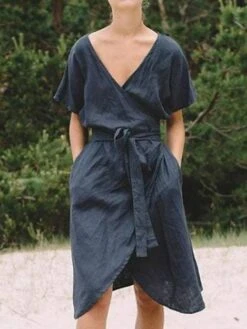 Women's Casual Dress Cotton Linen Dress Wrap Dress Midi Dress Linen / Cotton Blend Fashion Classic Style Outdoor Daily Holiday V Neck Lace Up Pocket Short Sleeve Fall Winter Autumn 2023 Loose Fit