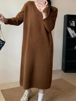 Women's Sweater Dress Jumper Dress Casual Dress Midi Dress Fashion Pure Color Outdoor Daily Vacation Going Out V Neck Long Sleeve Patchwork 2023 Regular Fit Black White Pink One Size -HANA Luxury Wear Shop phkogk1695351277071