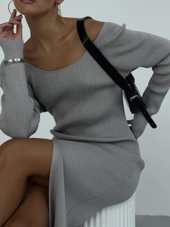 Women's Sweater Dress Winter Dress Jumper Dress Midi Dress Split Outdoor Daily Vacation Fashion Streetwear V Neck Long Sleeve 2023 Regular Fit Black White Green Color S M L Size -HANA Luxury Wear Shop phwyyz1692614179745