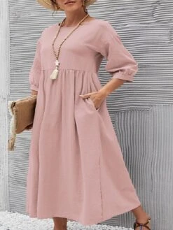 Women's Casual Dress Cotton Linen Dress Swing Dress Midi Dress White Pink Brown Half Sleeve Pure Color Ruched Fall Winter Autumn Crew Neck Casual Loose Fit 2023 S M L XL XXL -HANA Luxury Wear Shop phxtfq1651741072954