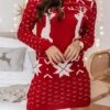 Women‘s Christmas Sweater Dress Jumper Dress Winter Dress Fashion Ugly Christmas Outdoor Christmas Daily Vacation Crew Neck Long Sleeve Button 2023 Loose Fit Wine S M L XL