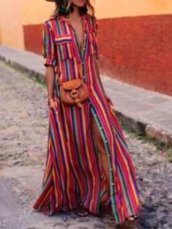 Women's Shirt Dress Casual Dress Swing Dress Maxi Long Dress Outdoor Daily Vacation Polyester Basic Casual Shirt Collar Pocket Split Half Sleeve Summer Spring 2023 Loose Fit Red Blue Purple Striped S -HANA Luxury Wear Shop pipofo1673848921556