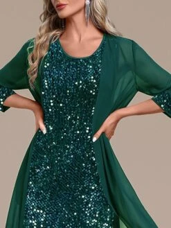 Women's Two Piece Dress Set Party Dress Sequin Dress Party Wedding Guest Fashion Elegant Patchwork Sequin Midi Dress Crew Neck Long Sleeve Plain Regular Fit Green Fall Winter S M L XL XXL -HANA Luxury Wear Shop piqawz1695370016596