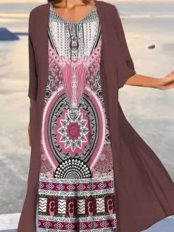 Women's Two Piece Dress Set Casual Dress Print Dress Outdoor Daily Vintage Ethnic Print Midi Dress Crew Neck 3/4 Length Sleeve Floral Tribal Loose Fit Black Navy Blue Royal Blue Summer Spring S M L -HANA Luxury Wear Shop pjgxpl1690857676255