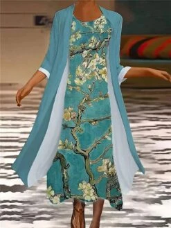 Women's Plus Size Two Piece Dress Set Casual Dress Chiffon Dress Outdoor Office Fashion Streetwear Print Midi Dress Crew Neck 3/4 Length Sleeve Floral Regular Fit Yellow Blue Sky Blue Spring Fall S M