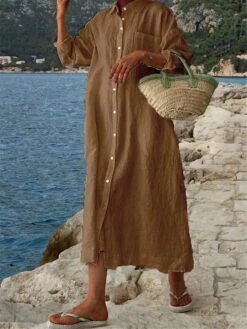 Women's Shirt Dress Casual Dress Cotton Linen Dress Maxi Long Dress Linen / Cotton Blend Basic Classic Outdoor Daily Vacation Shirt Collar Button Pocket Long Sleeve Summer Spring Fall 2023 Loose Fit -HANA Luxury Wear Shop pkfzxr1692084515491