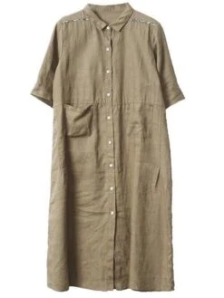 Women's Shirt Dress Casual Dress Cotton Dress Midi Dress Cotton Basic Classic Outdoor Daily Vacation Shirt Collar Button Pocket Half Sleeve Spring Fall Winter 2023 Loose Fit ArmyGreen Orange Plain S -HANA Luxury Wear Shop pldcjg1692695054877