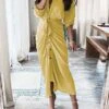 Women‘s Midi Dress Dark Brown All Yellow Orange 3/4 Length Sleeve Striped Ruched Winter Fall Autumn Shirt Collar Loose Fit 2023 S M L XL -HANA Luxury Wear Shop pldqla1626170044100