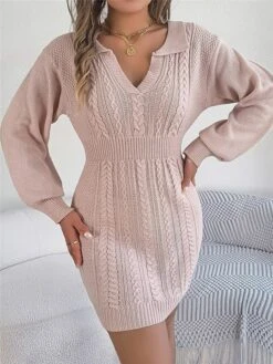 Women's Sweater Dress Winter Dress Jumper Dress Mini Dress Warm Pure Color Outdoor Casual Holiday Vacation V Neck Long Sleeve 2023 Regular Fit Pink Burgundy Green S M L -HANA Luxury Wear Shop plhnni1696926501467