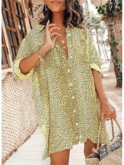 Women's Shirt Dress Short Mini Dress Light Blue Long Sleeve Leopard Button Spring Summer Shirt Collar Stylish Casual Sexy Lantern Sleeve Boom Sale Dress XXL -HANA Luxury Wear Shop pmajnh1616406151649