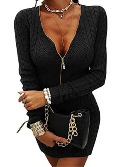 Women's Sweater Dress Jumper Dress Sheath Dress Mini Dress Warm Pure Color Outdoor Casual Holiday Going Out V Neck Long Sleeve Zipper 2023 Slim Black White Pink S M L XL XXL 3XL -HANA Luxury Wear Shop pmduqa1694166179316