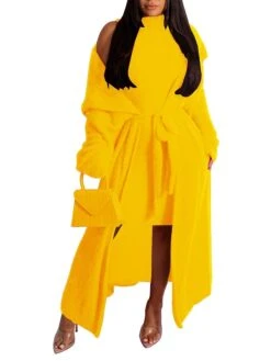 Women's Two Piece Dress Set Casual Dress Sheath Dress Daily Going Out Fashion Streetwear Lace Up Midi Dress Stand Collar Long Sleeve Plain Slim Black Yellow Wine Fall Winter S M L XL XXL -HANA Luxury Wear Shop pmisco1693295542505