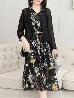 Women's Two Piece Dress Set Print Dress Outdoor Daily Modern Casual Lace Up Ruched Midi Dress V Neck Long Sleeve Floral Regular Fit Black Pink Blue Summer Spring M L XL XXL XXXL -HANA Luxury Wear Shop pmlxku1678430834053