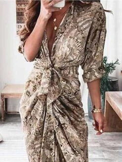 Women's Shirt Dress Casual Dress Bodycon Midi Dress Outdoor Daily Date Polyester Fashion Modern V Neck Ruched Button 3/4 Length Sleeve Summer Spring 2023 Loose Fit Brown Khaki Floral Color Block Pure -HANA Luxury Wear Shop pnjnqk1690275117570